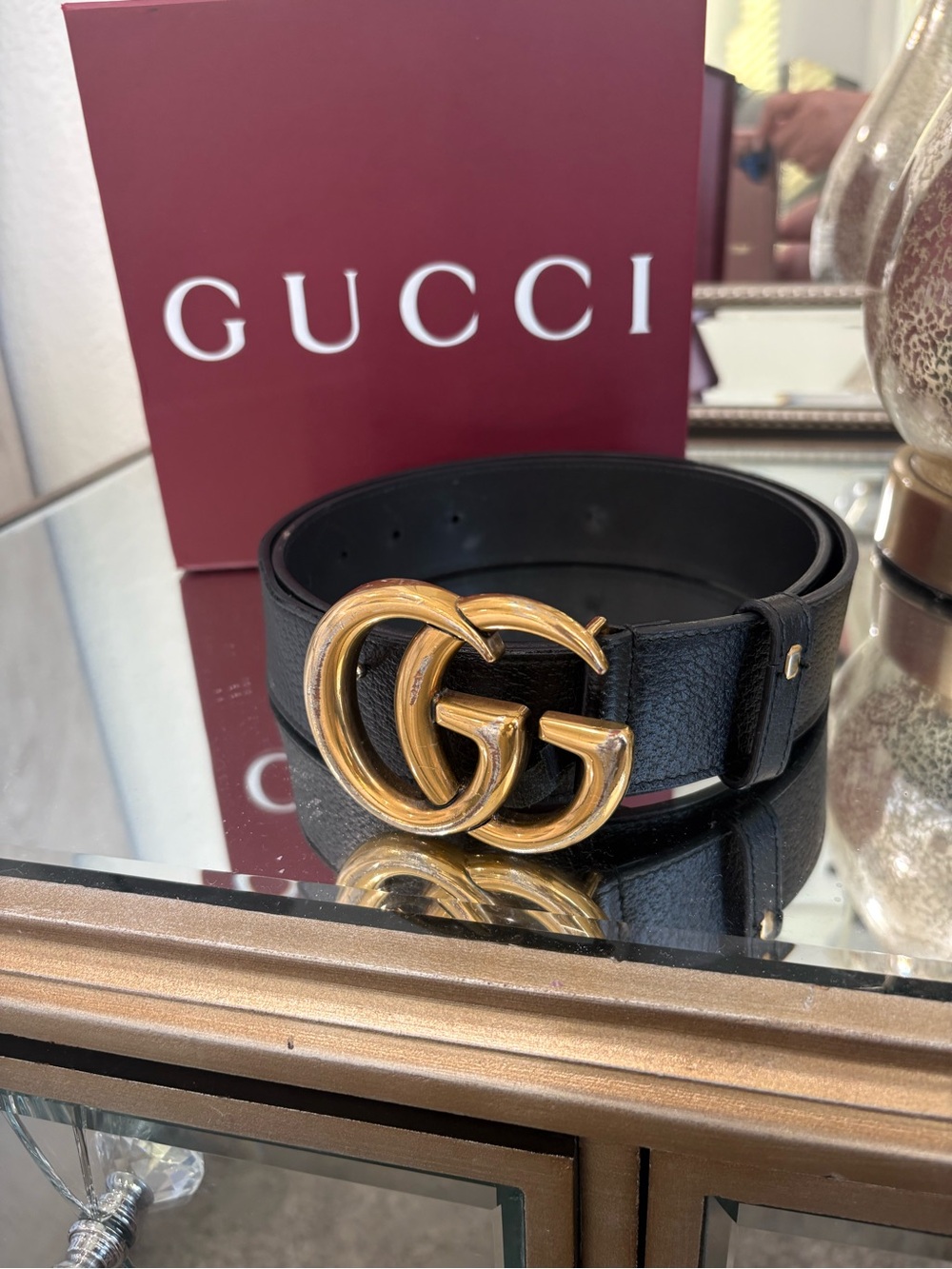 Authentic Gucci Marmont Double G Leather Belt – Black/Antique Gold | Size 90/36